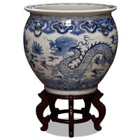 Blue & White Ceramic Vase On Wooden Stand