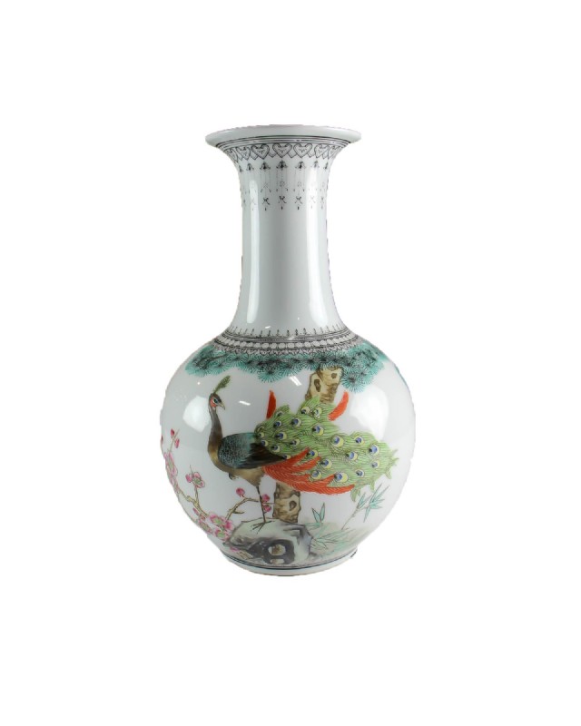Vintage Long Neck Vase with Peacock