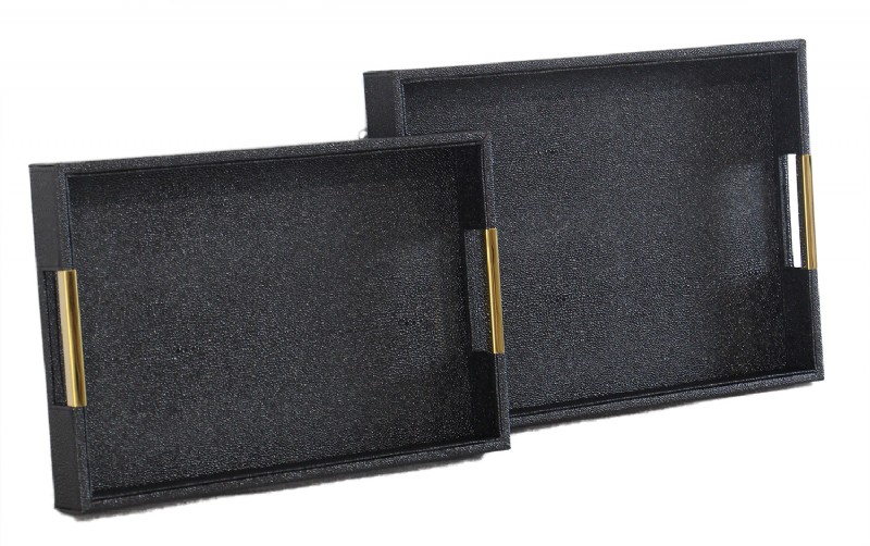 SHAGREEN BLCK W/GOLD HANDLE SET OF 2 TRAYS