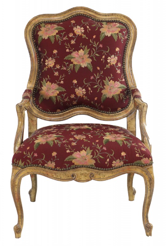 Wooden Framed Red Silk Upholstered Armchair
