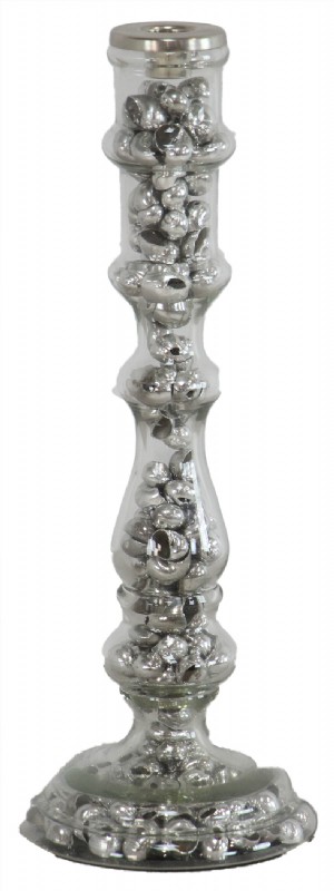Glass Candlestick Filled with Silvered Shells