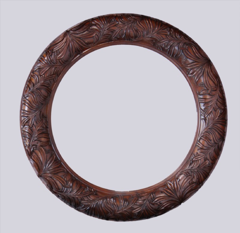 Carved Leaf Round Mahogany Beveled Wall Mirror