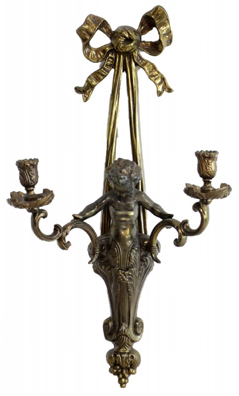 Pair of Brass Cherub Candlestick Sconces