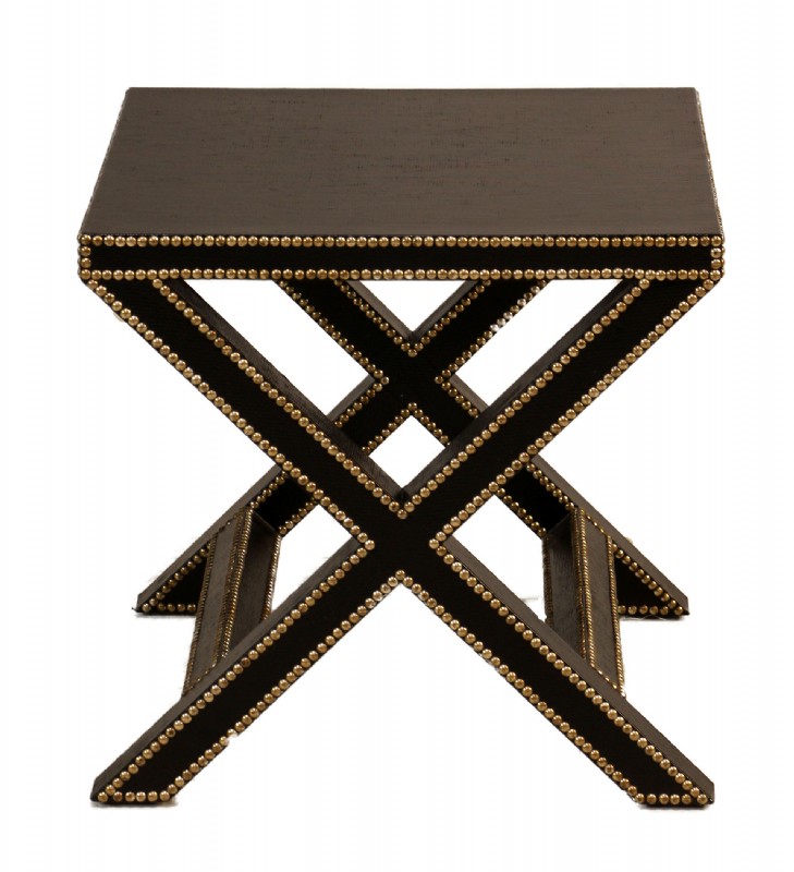 Black Leather X Legged End Table