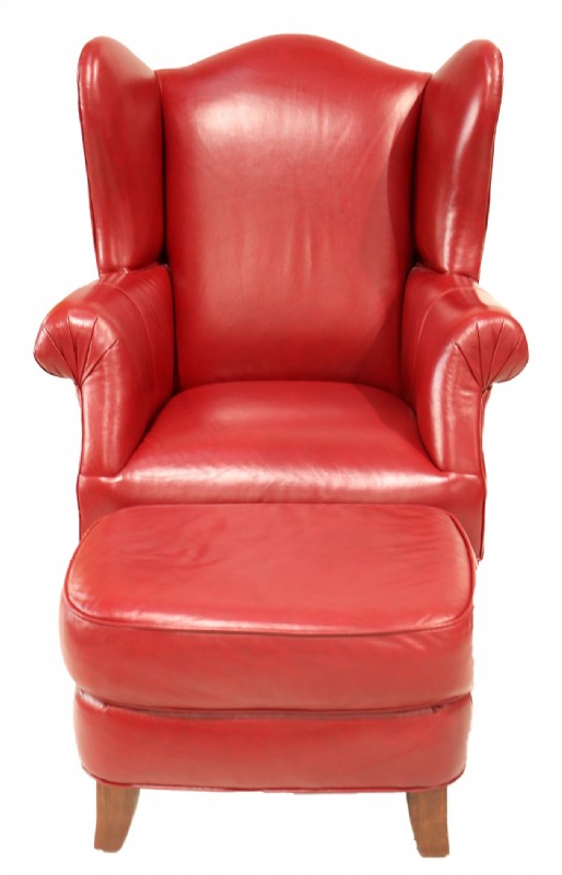 Red Leather Wing Chair & Ottoman