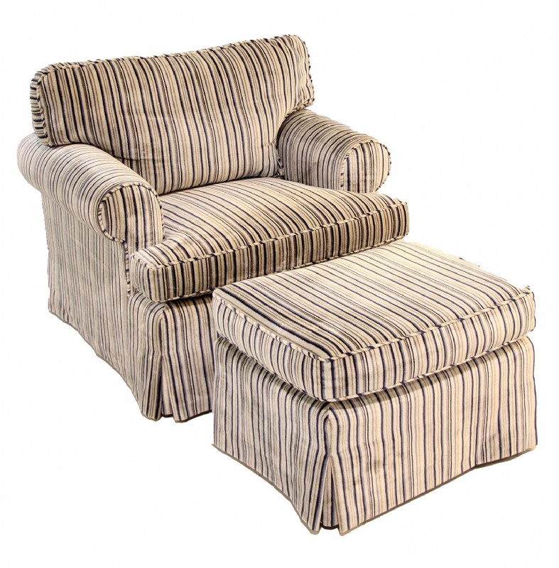 Custom Chenille Striped Arm Chair & Ottoman