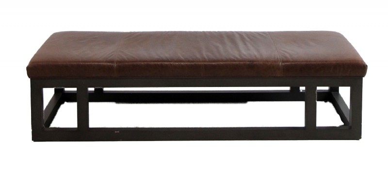 Brown Leather ottoman with wooden base