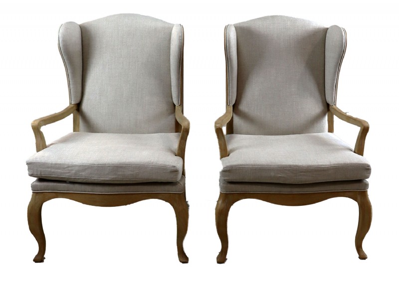 Pair of Bleached Oak Upholstered Wing Chair