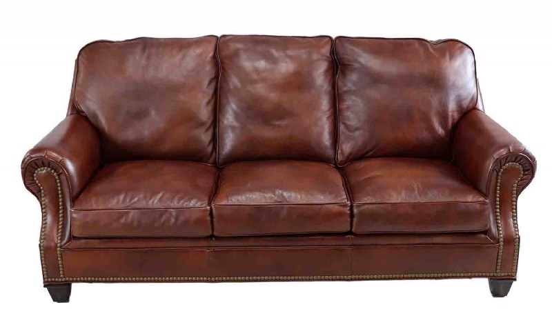 Classic Leather burgnady sofa with nailhead trim