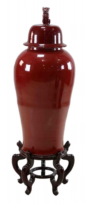 Maroon Ceramic Vase with Wooden Stand
