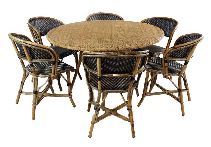 Round Wicker Table & Six Rattan Chairs