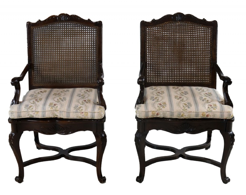 Pair of French Carved Canned Arm Chairs