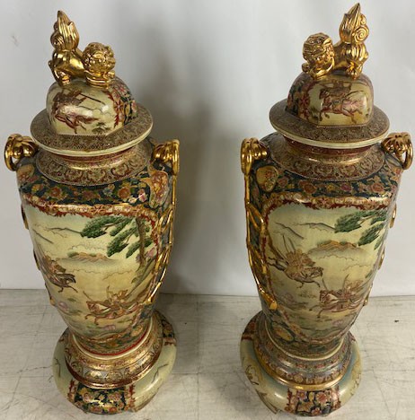 Pair of Asian Gold Garuda Ceramic Urns