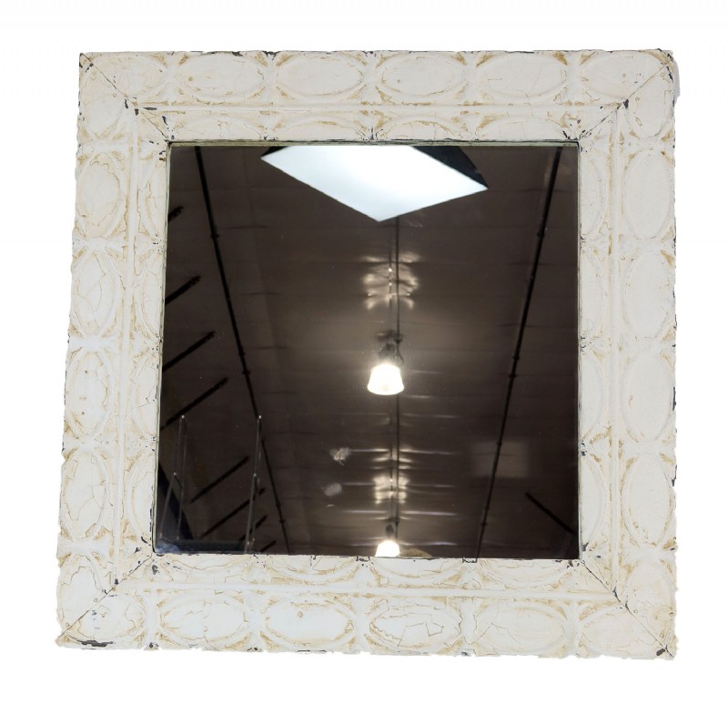 Distressed Stamped White Metal Wall Mirror