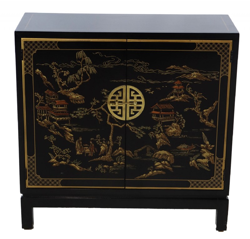 Asian Black Lacquer Chest & Mirror