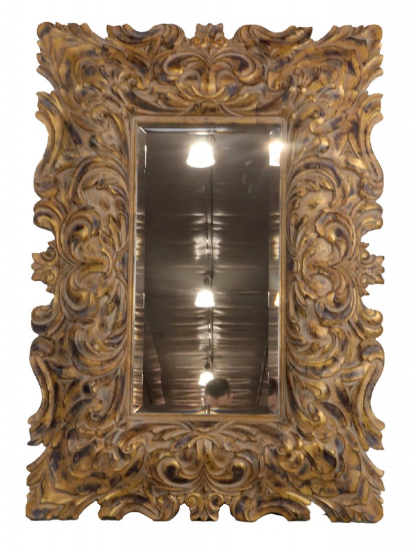 Heavily Carved Distressed Gilt Beveled Wall Mirror