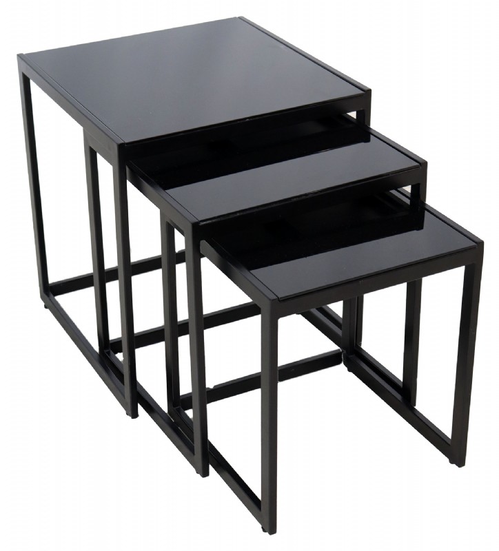 Set of Three Black Glass Top Nesting Tables