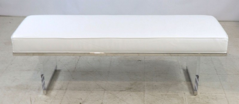Chrome & Lucite Base White Leather Bench