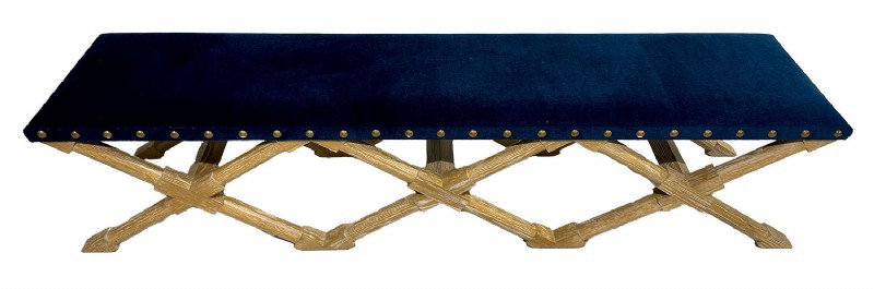 Blue Velour Bench WIth Triple Cross Oak Fram