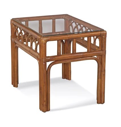 Glass Top Rattan and Bamboo End Table