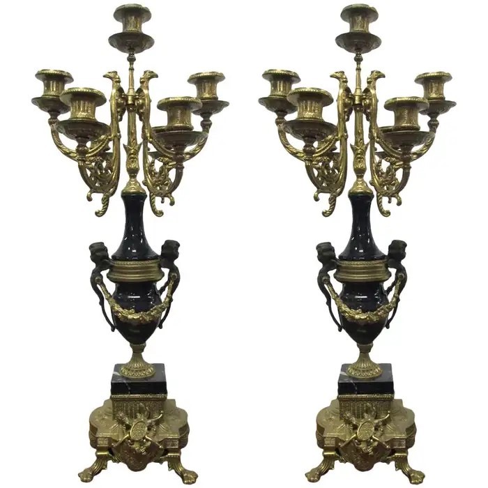 Pair of Brevettato Bronze & Marble Candelabras