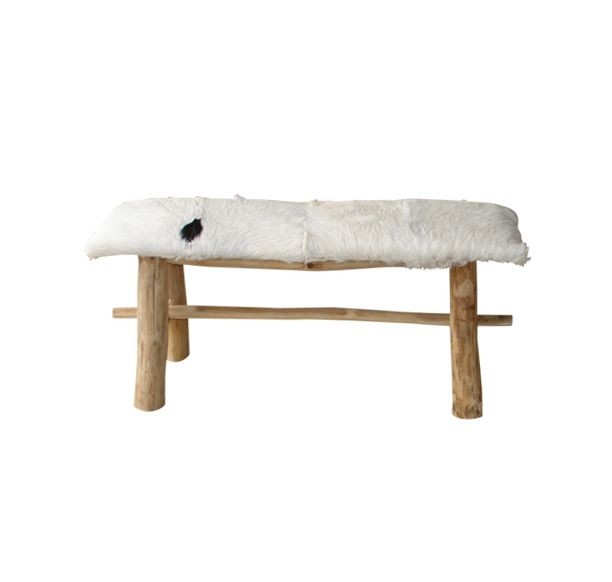 Goat Hide and Wood Accent Bench