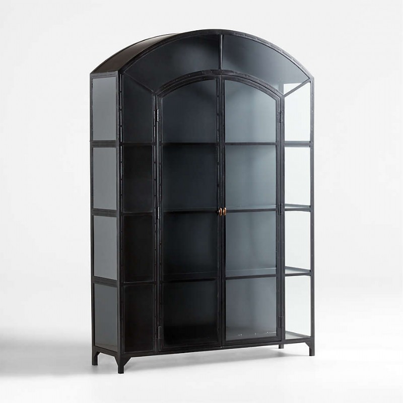 WIDE BLACK GLASS AND METAL STORAGE DISPLAY CABINET