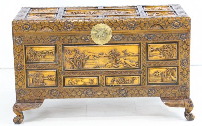 Ornately Carved Camphor Wooden Trunk