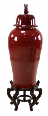 Maroon Ceramic Vase with Wooden Stand