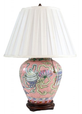 Asian Ceramic Lamp with White Silk Shade