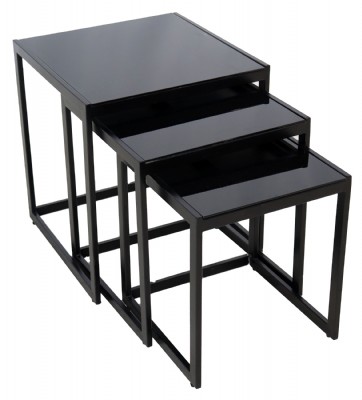 Set of Three Black Glass Top Nesting Tables