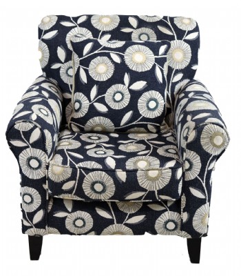 Dark Blue Upholstered Floral Arm Chair