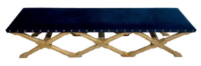 Blue Velour Bench WIth Triple Cross Oak Fram