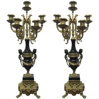 Pair of Brevettato Bronze & Marble Candelabras