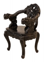Carved Asian Black Painted Dragon Chairs