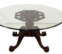 Round Glass Cocktail Table with Carved Wooden Base