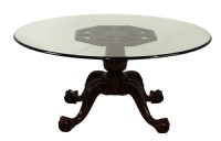 Round Glass Cocktail Table with Carved Wooden Base