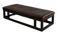 Brown Leather ottoman with wooden base