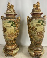 Pair of Asian Gold Garuda Ceramic Urns