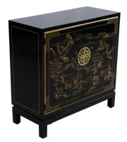 Asian Black Lacquer Chest & Mirror