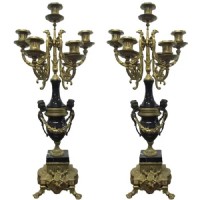Pair of Brevettato Bronze & Marble Candelabras
